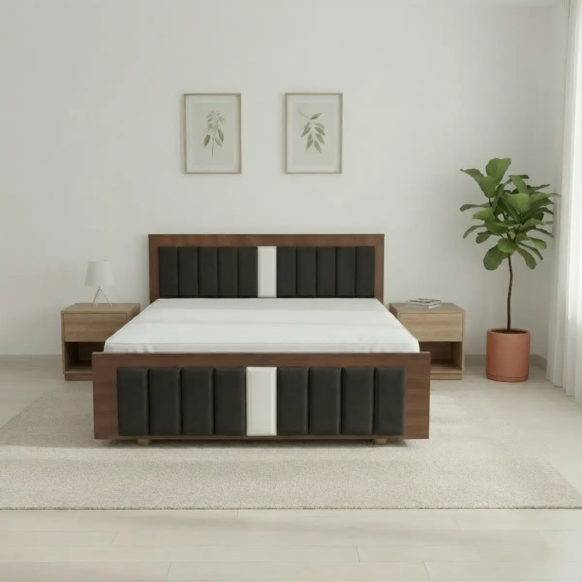 Wooden Bed with Cushioned Panel Headboard