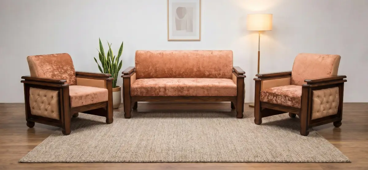 Rent Classic Wooden Sofa Set with Plush Upholstery (3+1+1) in Gurgaon