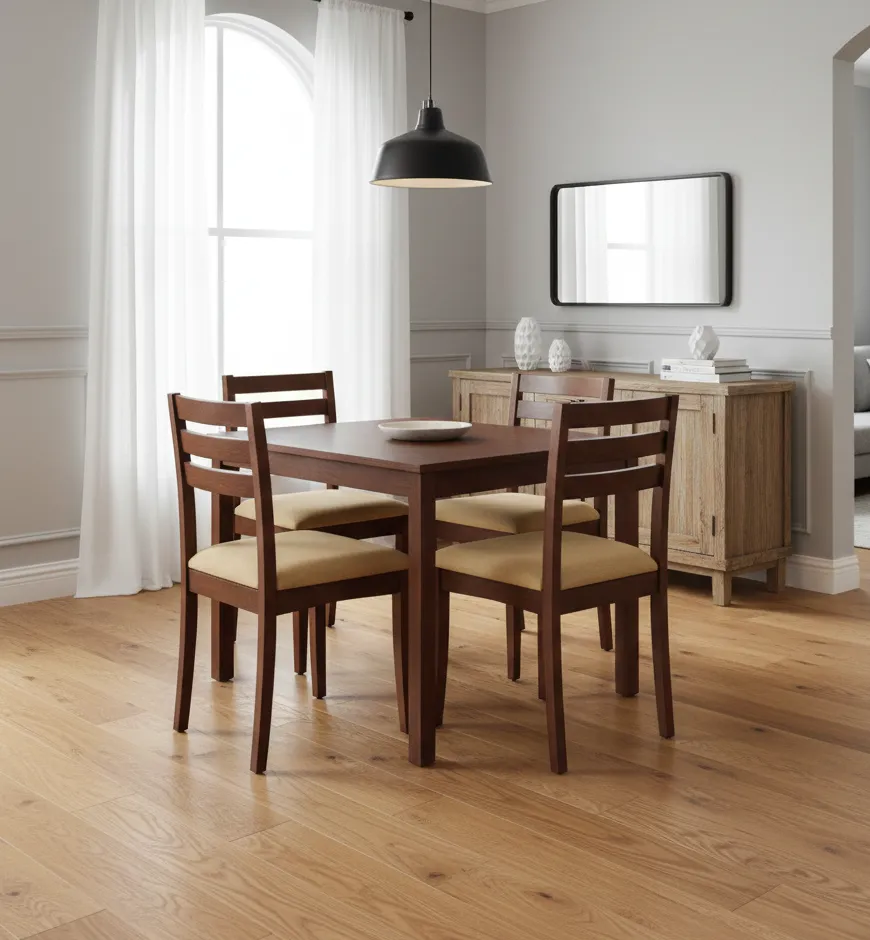 Rent 4-Seater Wooden Dining Table Set with Upholstered Chairs in Gurgaon